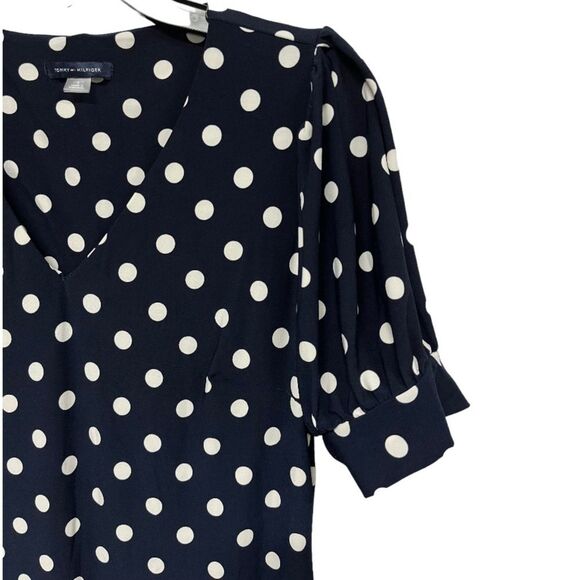 NWOT Tommy Hilfiger | Puff Sleeve V Neck Polka Dot Navy White Mini Dress 8 - Picture 3 of 7